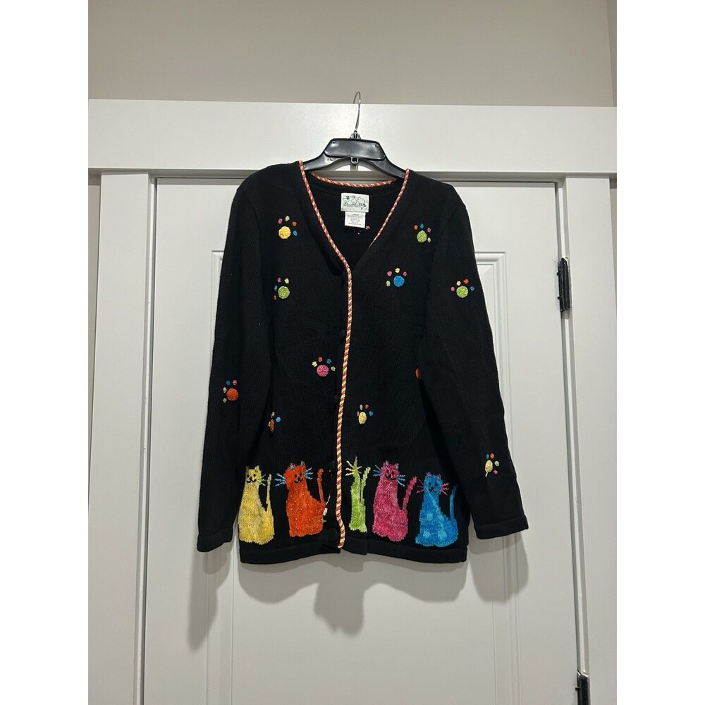 Womens Quacker Factory Black Cardigan Sweater W/ Cats Size Large Whimsy Teacher
